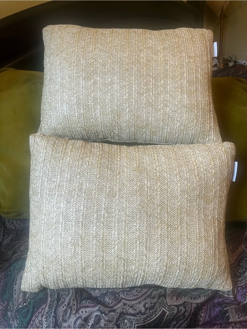 Tommy Bahama Faux Raffia Woven Cream-Tan Throw Pillows - Set of 2